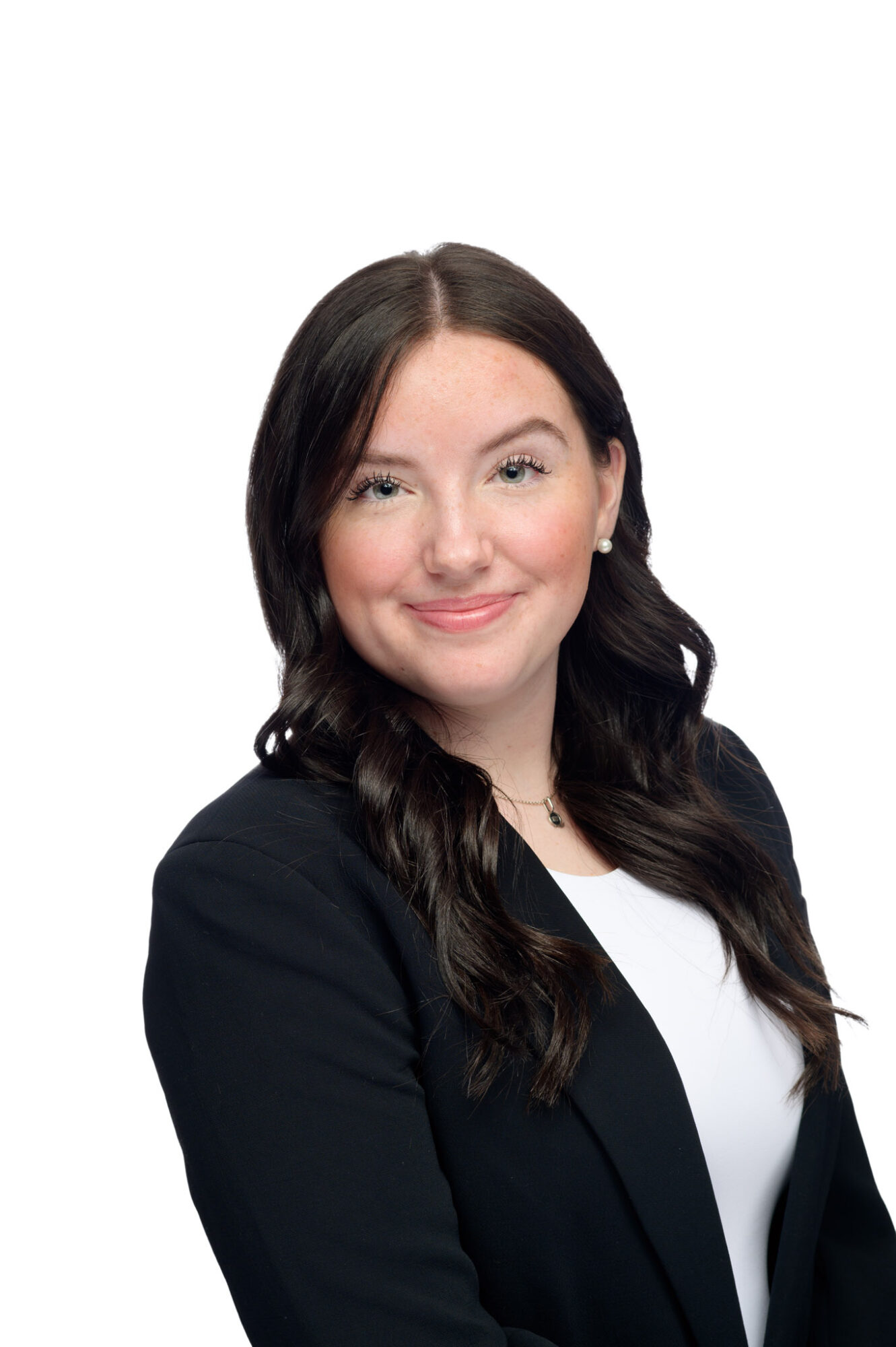 Young woman business headshot on white background